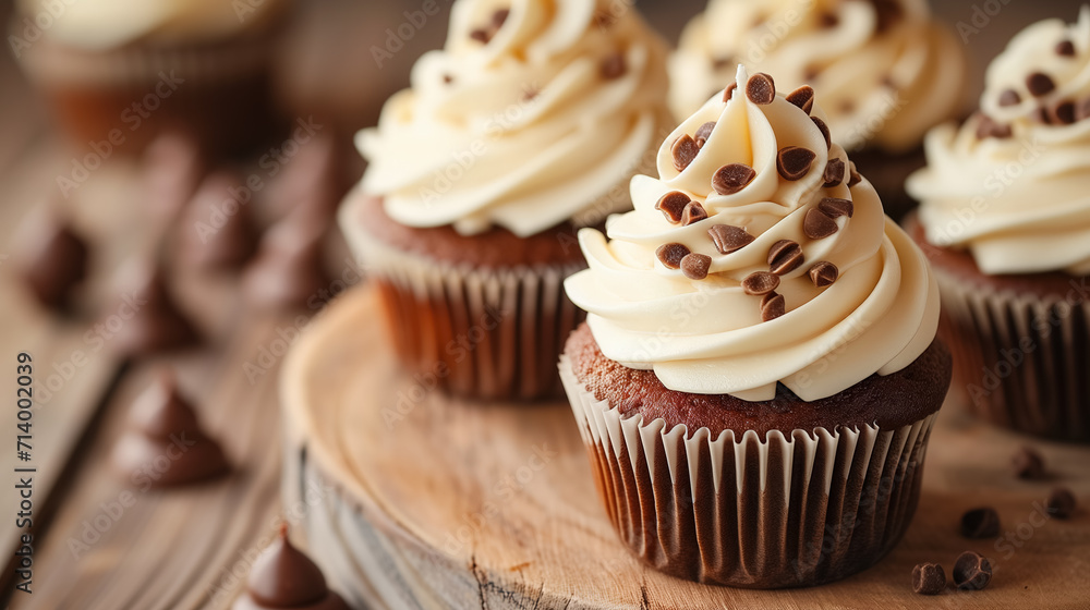 Delicious cupcakes topped with cream and chocolate.
