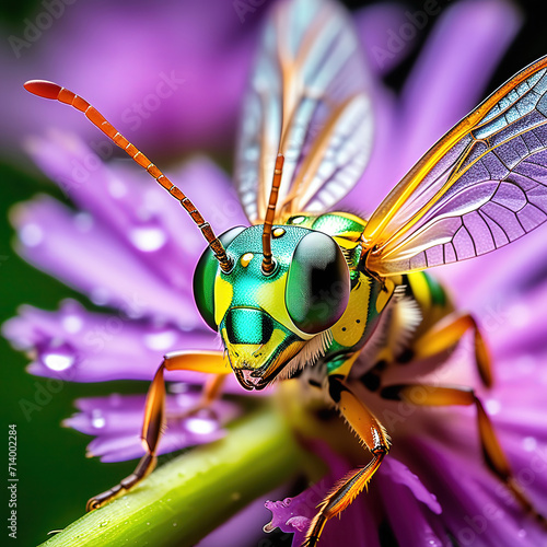 Nature’s Beauty Unleashed: A Vibrant Macro Shot of a Colorful Wasp on Purple Flowers