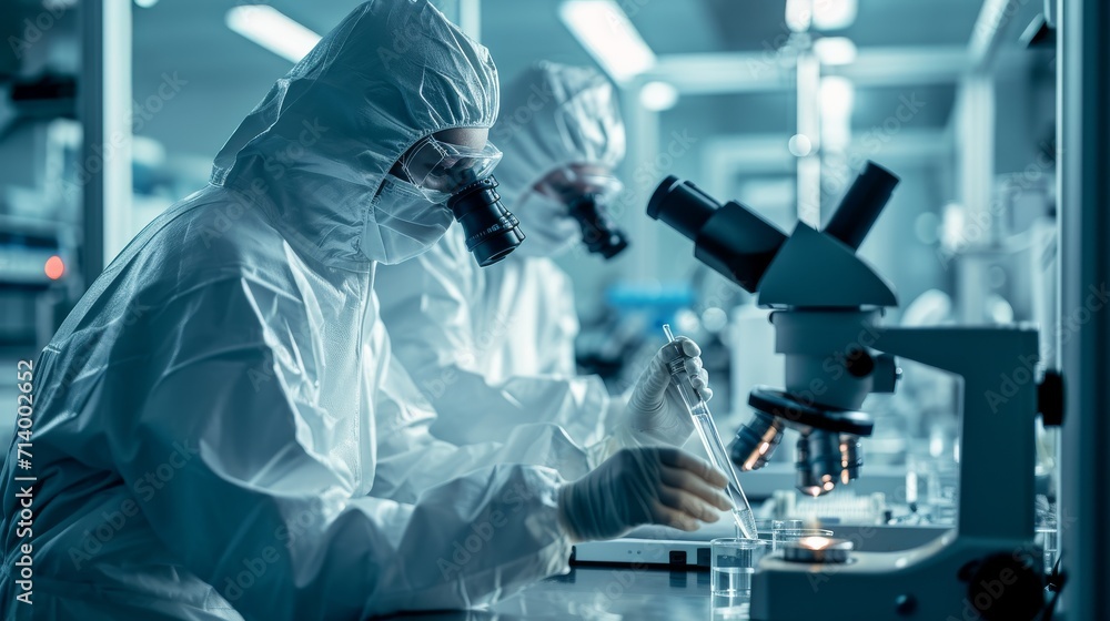 Scientists in Sterile Cleanroom Suits Control Manufacturing Machinery Work and Use Microscopes for Research, Doctors do tests in the laboratory. Scientists in Sterile Cleanroom Suits Control Manufacturing Machinery Work and Use Microscopes for Research, Doctors do tests in the laboratory.