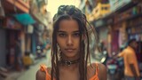 Cool Indian woman with flying braids on street