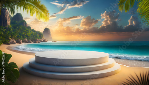Photo realistic modern empty white podium on sea sand for product showcase
