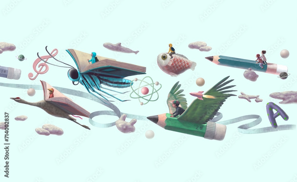 Education, book, reading, imagination, dream of children and back to school concept art. conceptual illustration. kids and animals. - obrazy, fototapety, plakaty 