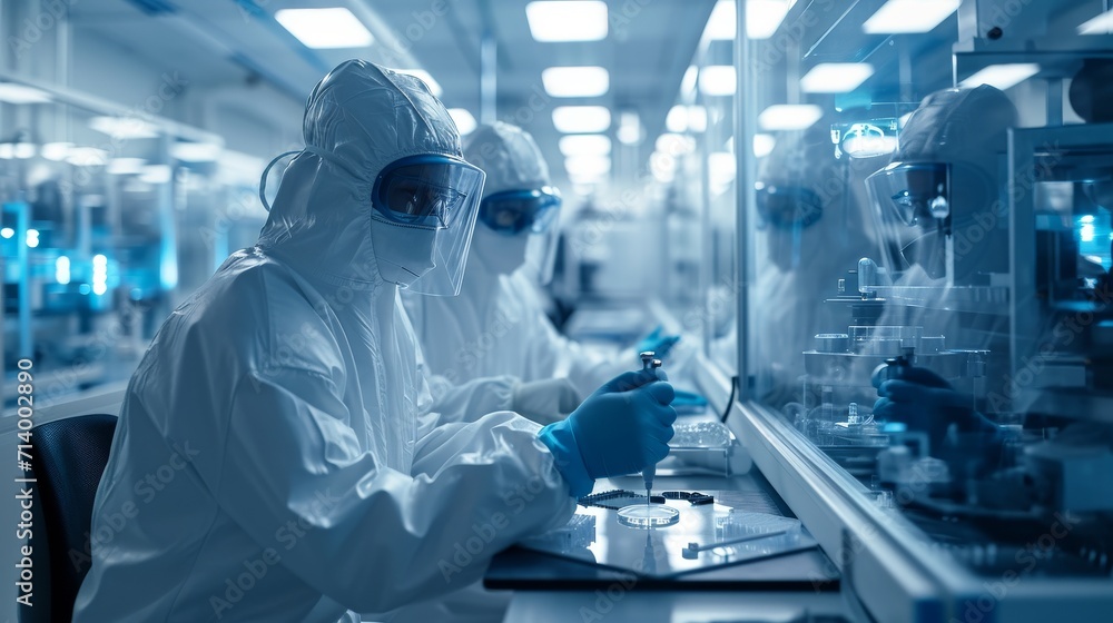 Scientists in Sterile Cleanroom Suits Control Manufacturing Machinery Work and Use Microscopes for Research, Doctors do tests in the laboratory. Scientists in Sterile Cleanroom Suits Control Manufacturing Machinery Work and Use Microscopes for Research, Doctors do tests in the laboratory.