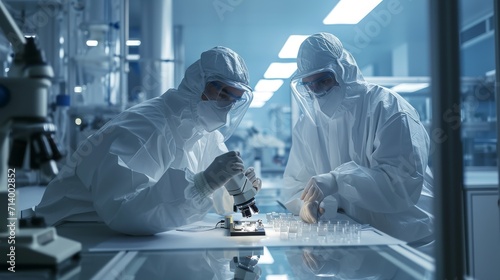 Scientists in Sterile Cleanroom Suits Control Manufacturing Machinery Work and Use Microscopes for Research, Doctors do tests in the laboratory.