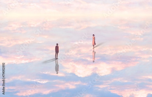 Love, romance, and valentine concept. surreal art. lover standing on the cloud. conceptual artwork.