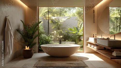 Imagine a spa-like bathroom with a freestanding bathtub  soft lighting  and natural materials like wood and stone. Towels and bathrobes add a touch of luxury.