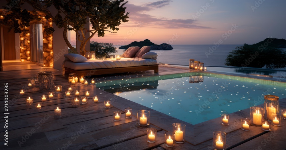 Pool at dusk and candles surrounded