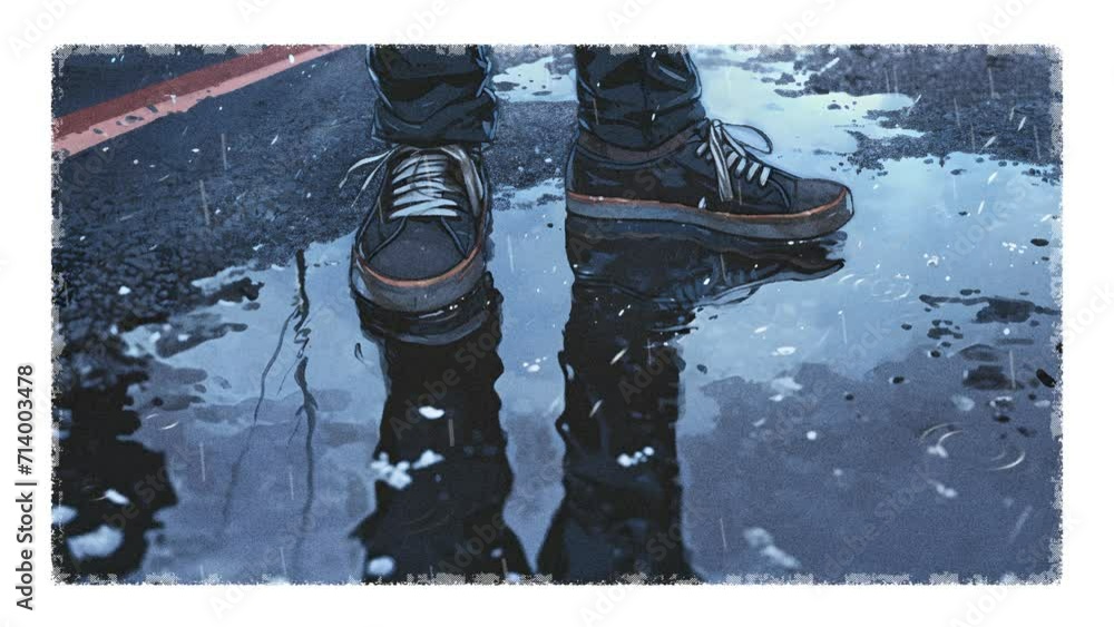 A close up of a man's shoes standing next to a puddle of rainwater produces a reflection, anime loop background