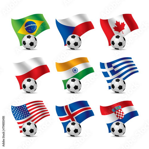 3D icon set of country flags with soccer balls isolated on white. Signs and symbols of championships and football competitions. Vector illustration