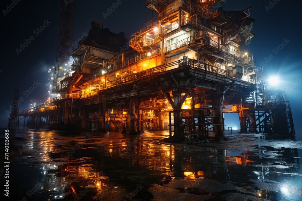 Drilling platform in the sea at night.