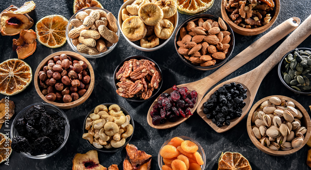 Composition with a variety of dried fruits and assorted nuts. Composition with a variety of dried fruits and assorted nuts.