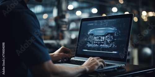 Computer diagnostics. An automotive mechanical technician using laptop computer programming. Car maintenance service concept