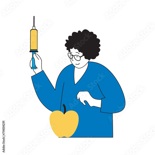 Science laboratory concept with cartoon people in flat design for web. Scientist making genetically modified food and testing fruit. Vector illustration for social media banner, marketing material.