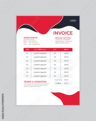 Minimal Corporate Business Invoice design template vector illustration bill form price invoice. Creative invoice template vector. business stationery design payment agreement design template