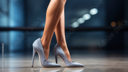 A Woman's Feet Gracefully Adorned in Chic Gray Suede Pumps photo