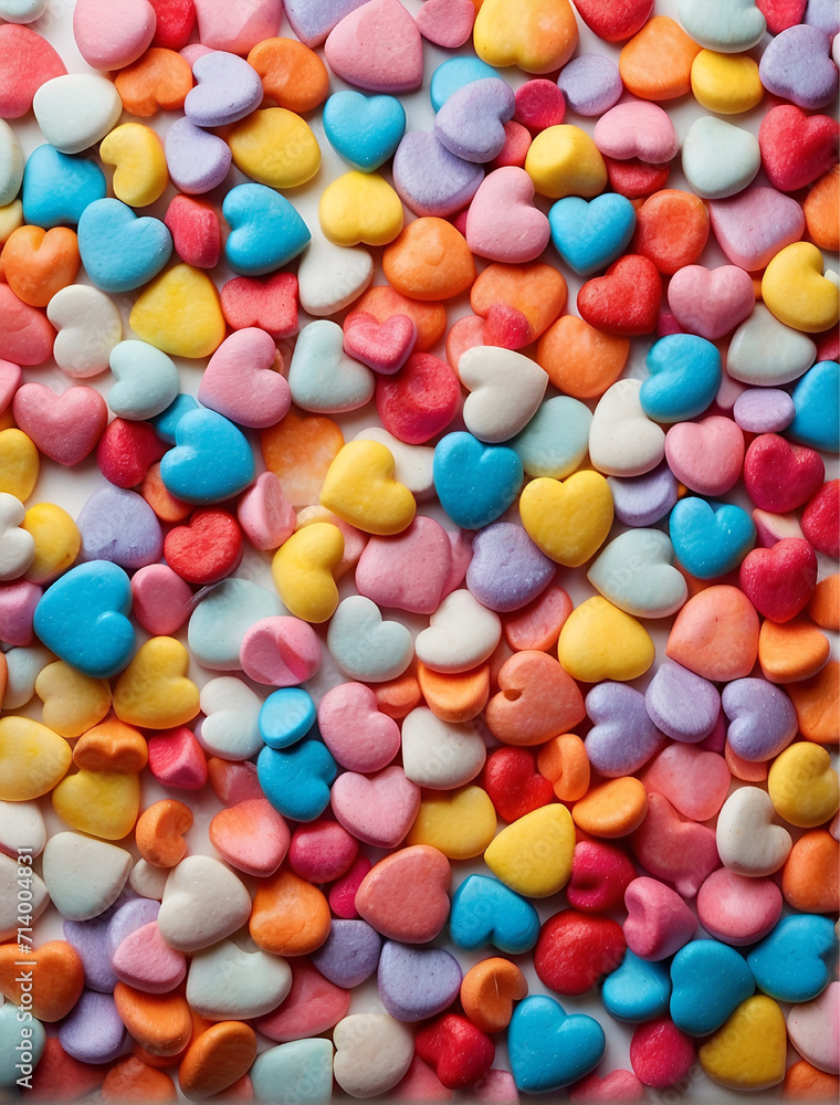 A pile of colorful heart-shaped candies on a white background A pile of colorful heart-shaped candies on a white background