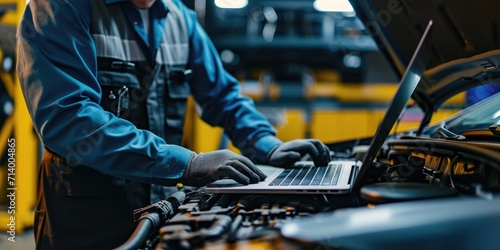 Computer diagnostics. An automotive mechanical technician using laptop computer programming. Car maintenance service concept photo