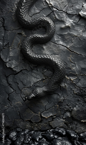 A black serpent on a vertical black surface.