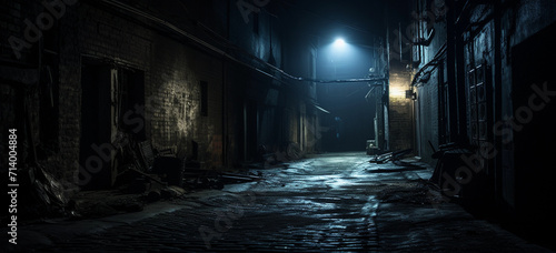 Dark downtown back alley at night after raining. Urban back street with atmospheric lighting and soggy street. Inner city dark alleyway. Urban decay and weathered architecture.