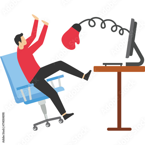 Businessman with computer hit by boxing glove. Vector design

