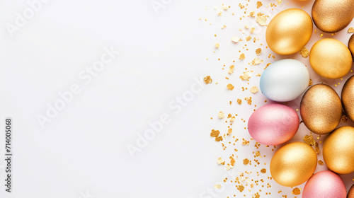 Colorful Easter eggs on isolated background with copy text space top view - ai generative