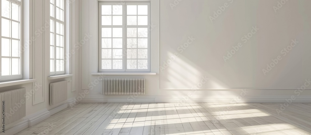 White wall in empty room at home with plastic window and radiator. White wall in empty room at home with plastic window and radiator.