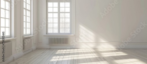 White wall in empty room at home with plastic window and radiator.