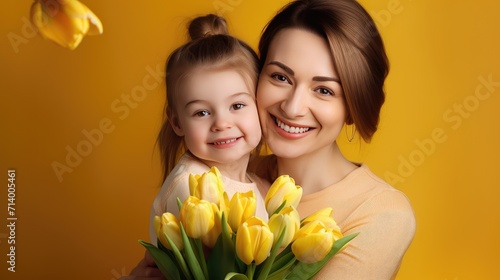 A cute little girl congratulates her mother and gives her a bouquet of tulip flowers on a yellow background. The concept of Mother's Day. Happy family holiday, women's Day.