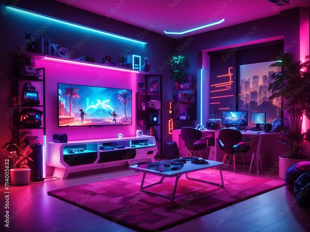 Interior of colourful modern gaming room with neon light. Playing video games, watching movies, hobbies, entertainment and gaming concept design.