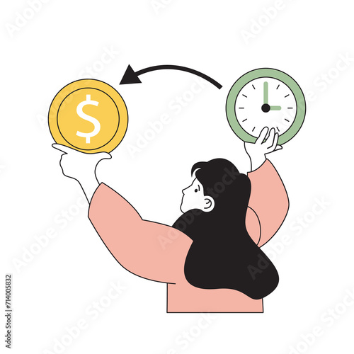 Time management concept with cartoon people in flat design for web. Woman successfully finishing project tasks and earning money. Vector illustration for social media banner, marketing material.