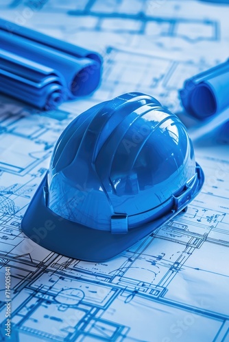 Architectural Blueprint: Construction Site with Safety Helmet and Equipment