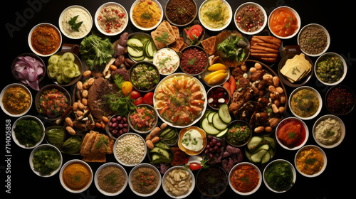 A platter of traditional Mediterranean dishes, like hummus, falafel, and tabbouleh, commonly eaten during Ramadhan