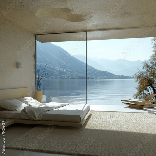 Minimalist Lakefront Bedroom with Panoramic Terrace