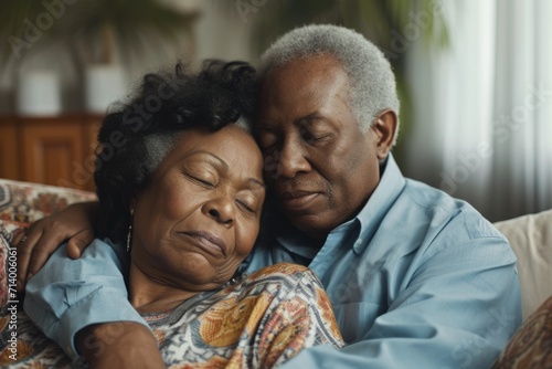 Embracing Love: Senior African American Couple Enjoying Quiet Moments in Living Room