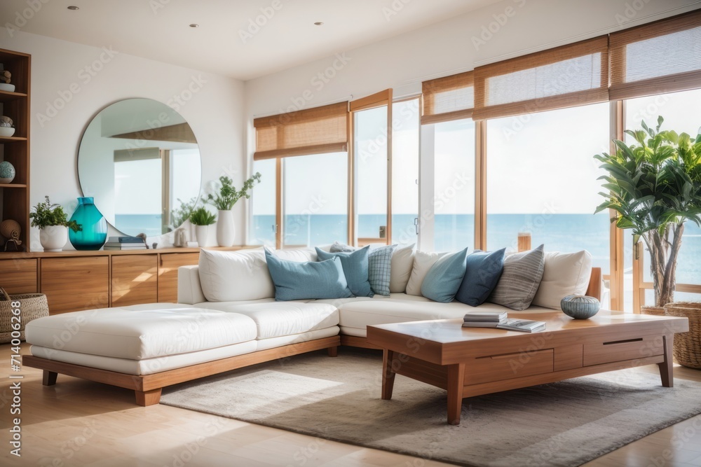 Interior home design of modern living room with rustic wooden chairs and table with panoramic windows in coastal seaside villa Interior home design of modern living room with rustic wooden chairs and table with panoramic windows in coastal seaside villa
