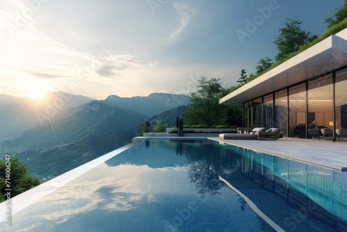 Luxurious Modern Villa with Infinity Pool, Mountain View and Picturesque Landscape © AIGen