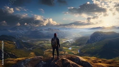 A traveler standing on a cliff overlooking the valley and mountains