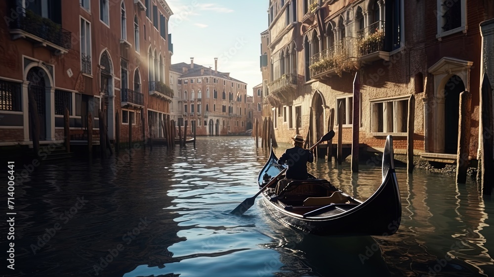 A woman floating on a boat on the canal among Venetian buildings