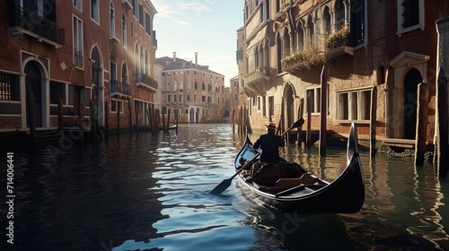 A woman floating on a boat on the canal among Venetian buildings © Jūlija