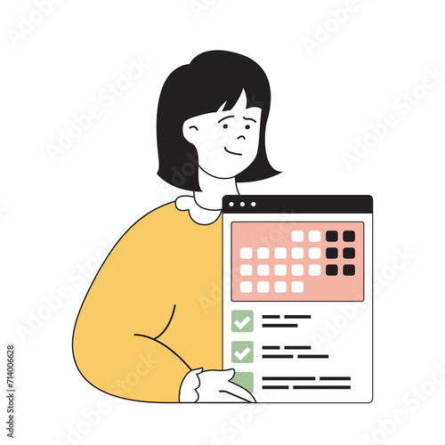 Time management concept with cartoon people in flat design for web. Woman making organization and optimization processes with calendar. Vector illustration for social media banner, marketing material.