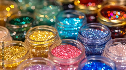a close up of many jars filled with different colors of glitter and gold rimmed jars filled with different colors of glitter and gold rimmed gold rimmed jars 