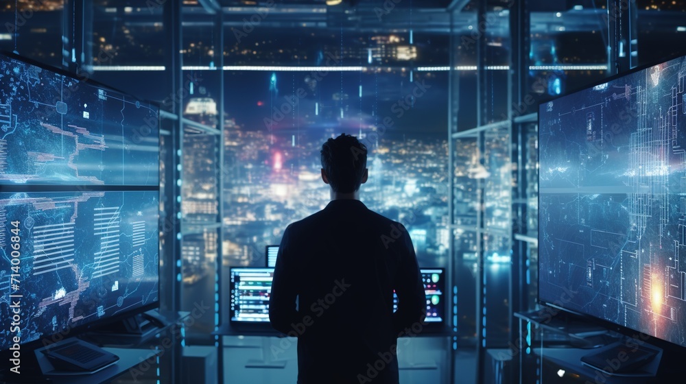 Man with Computer in Room Full of Data, Digitalization, Information, Cloud, Web Service Empowered
Man with Computer in Room Full of Data, Digitalization, Information, Cloud, Web Service Empowered