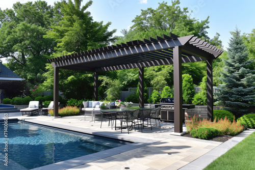 Trendy outdoor patio pergola shade structure, awning and patio roof, pool, garden lounge, chairs, metal grill surrounded by landscaping, with a flowers garden © Kien