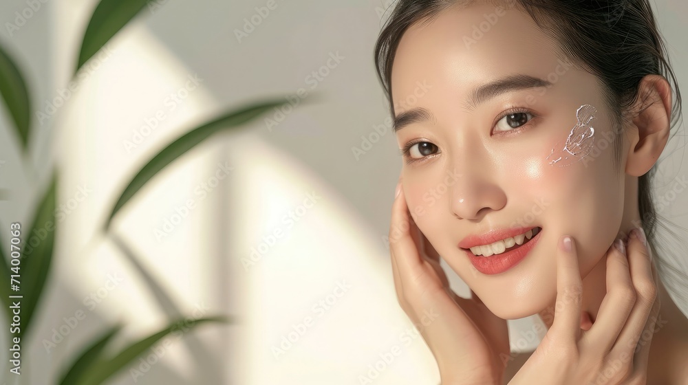 High-quality crop photo of skincare and cosmetics concept with copy space for text. Woman with beautiful face touching healthy facial skin portrait. Beautiful happy Asian girl model with natural High-quality crop photo of skincare and cosmetics concept with copy space for text. Woman with beautiful face touching healthy facial skin portrait. Beautiful happy Asian girl model with natural