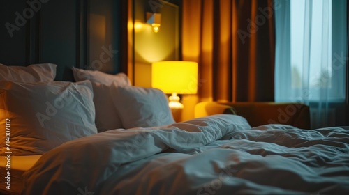 bed with white sheets and pillows in a dark room with yellow lamps   