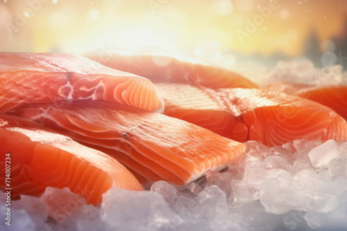 Tender fillet of seasoned salmon on ice. Fresh fish in the store.