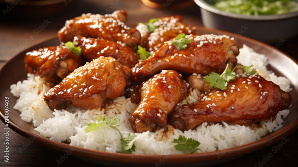 A plate of sweet and sticky honey-glazed chicken, served with a side of fragrant basmati rice