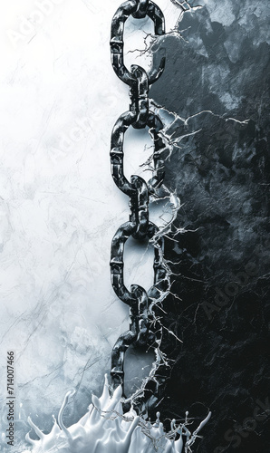  Icy chains against a stormy painted black and white backdrop, evoke a sense of cold strength and frozen movement.