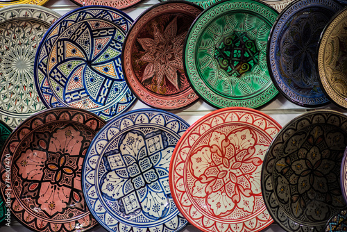 Marrakech, Morocco - March 28, 2022: All kinds of souvenirs exhibited in a shop in the ancient district of Medina in Marrakech.