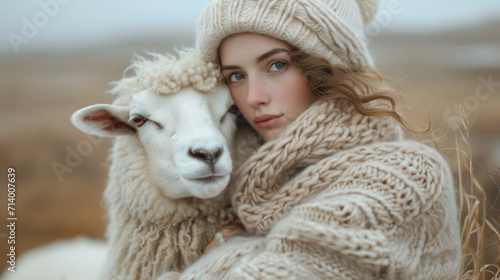 Femme portant une couverture et un bonnet en mohair prenant la pose avec un mouton laineux photo